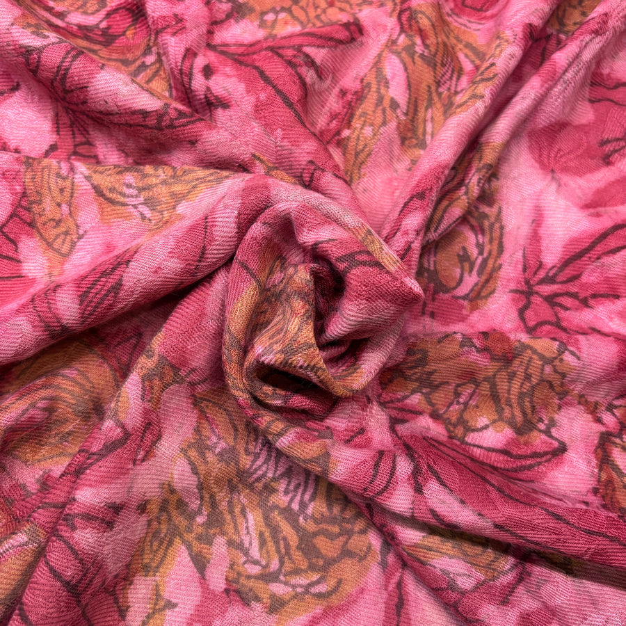Pashmina Silk Feel Fabric with Handblocked Prints | Natural Fruit-Dyed Handblock Fabric for Sewing, Crafts & DIY - Pink Flowers - Image 1