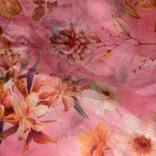 6 Yards Pink Floral Organza Fabric + Free Shipping